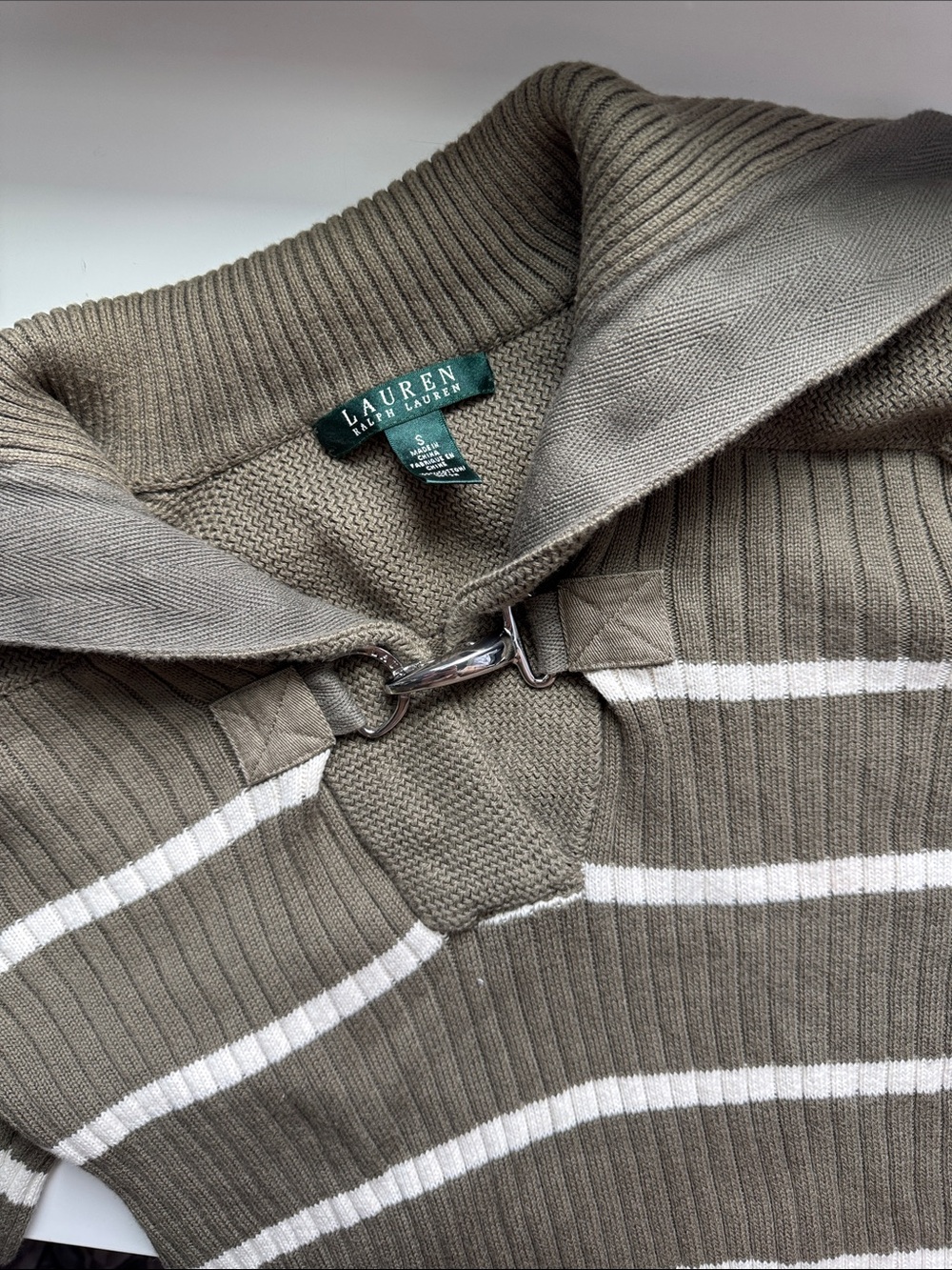 Vintage Lauren Ralph Lauren Olive & White Striped Zip-Detail Knit Sweater